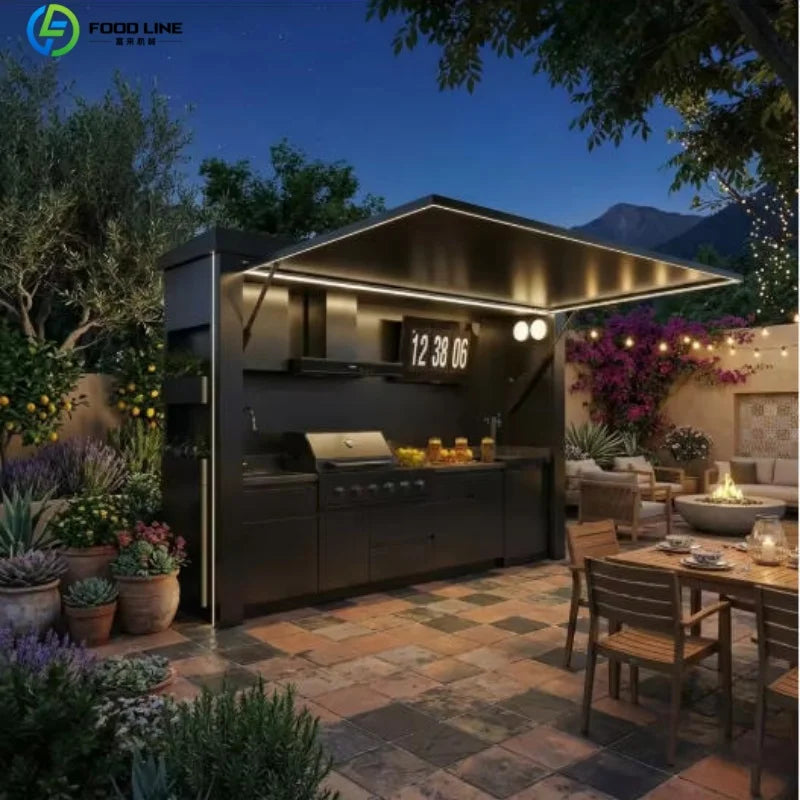 Outdoor Kitchen Shed Weatherproof Modular Outdoor Kitchen with Barbecue and Sink for Garden Spaces BBQ Pod Kitchen Customized