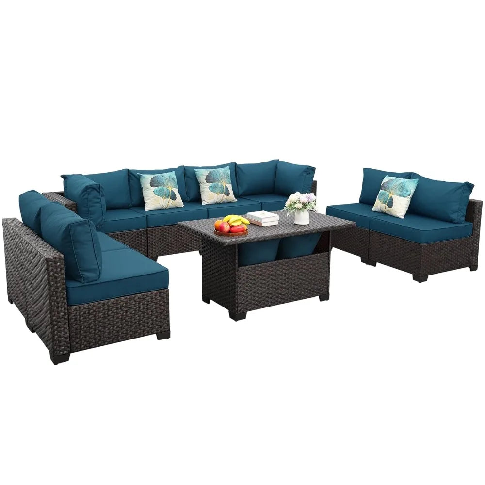 9 Pieces Wicker Patio Furniture Set Outdoor PE Rattan Sectional Conversation Sofa Set with Peacock Blue Cushions